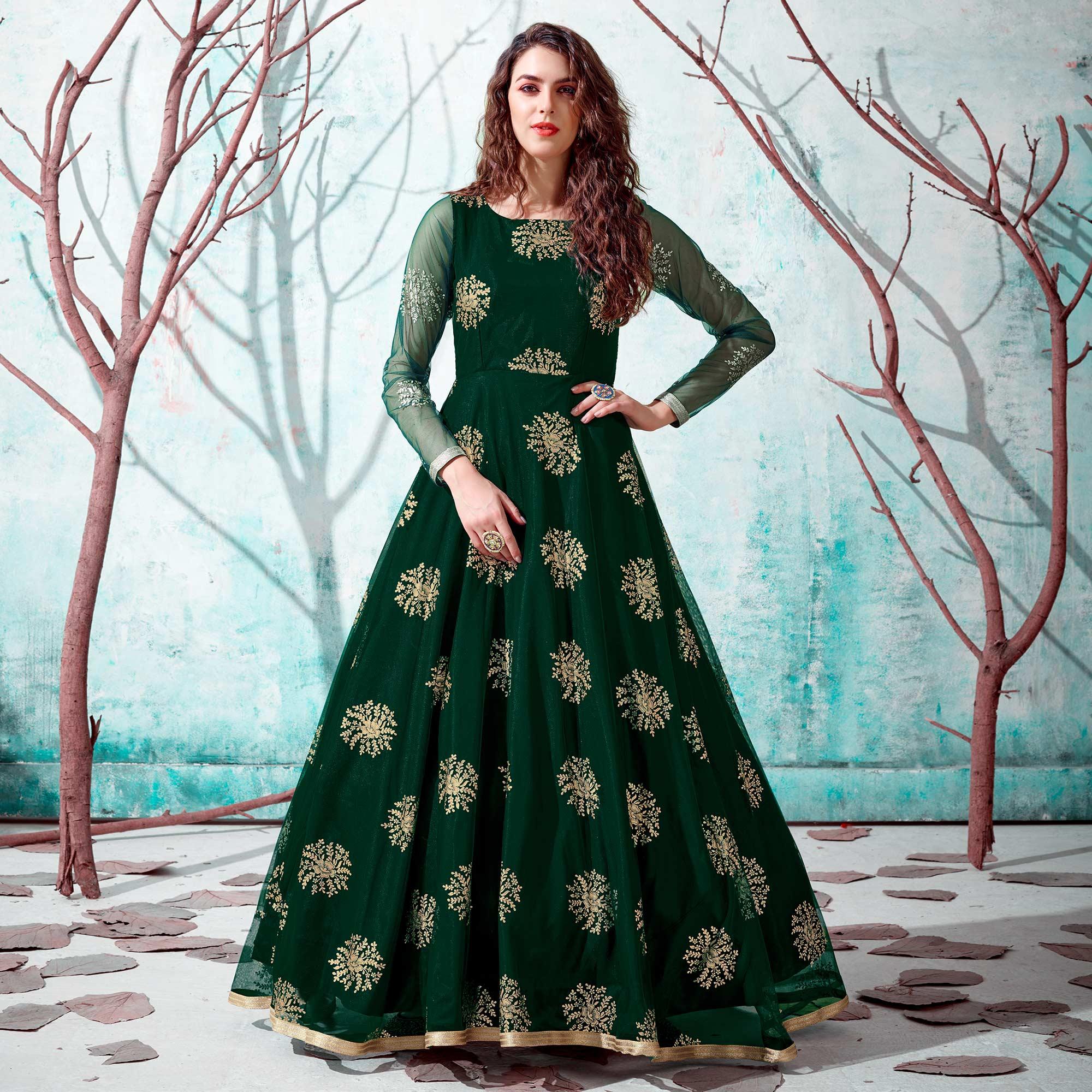 Bottle Green Foil Printed Netted Gown - Peachmode