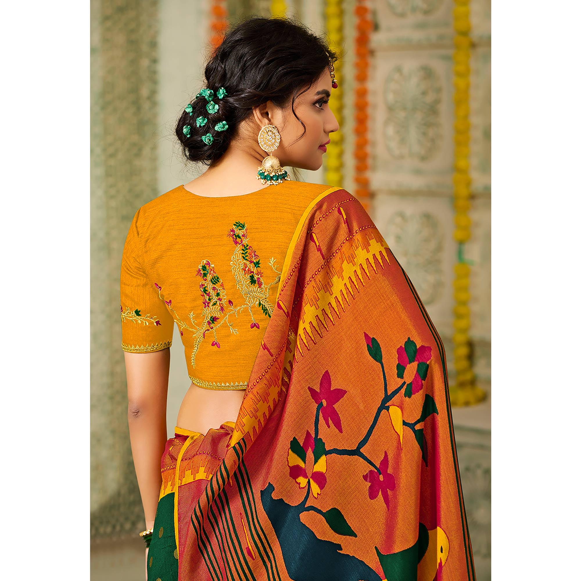 Bottle Green Geometric Printed Brasso Saree With Tassels - Peachmode