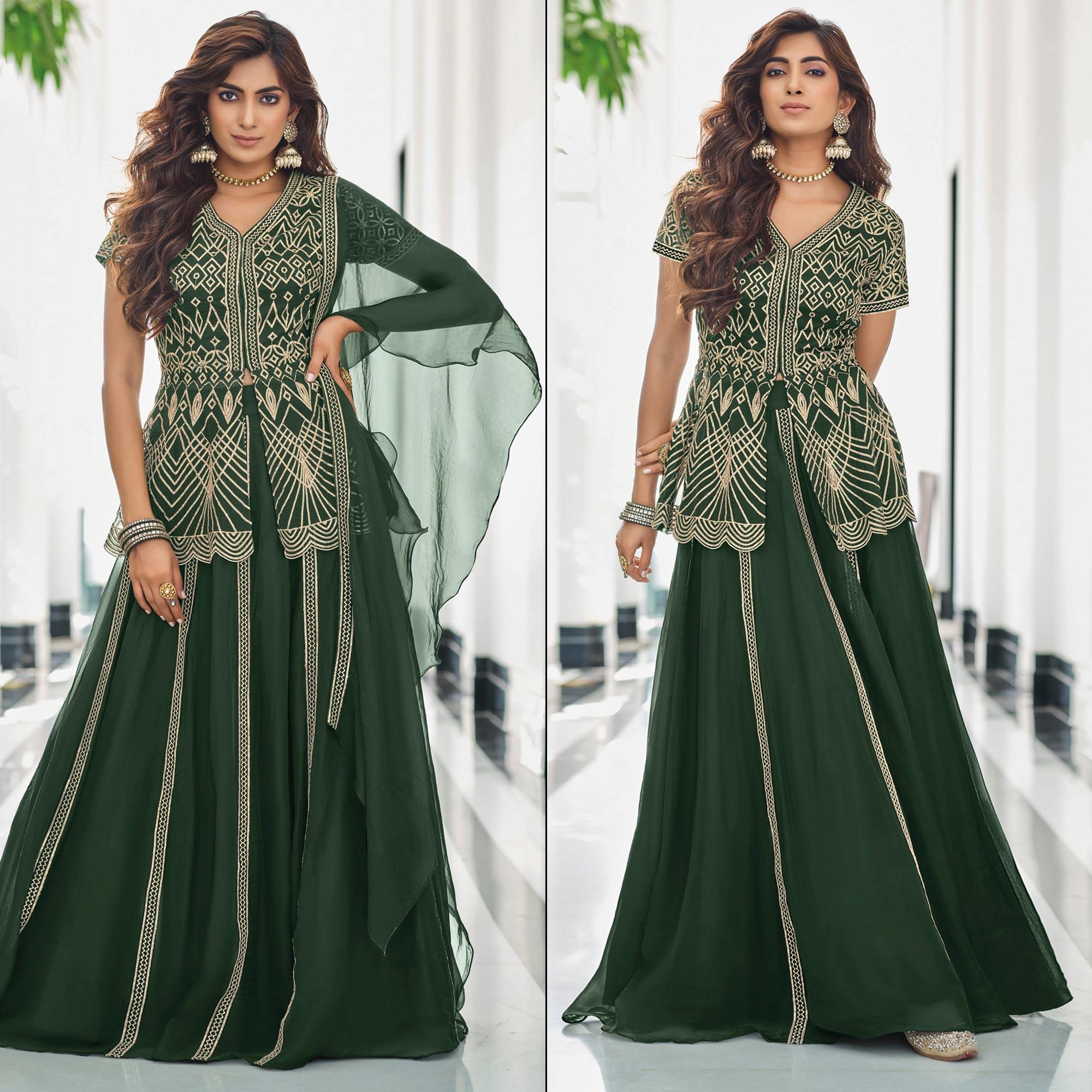 Bottle Green Gota Work Georgette Lehenga - Peachmode