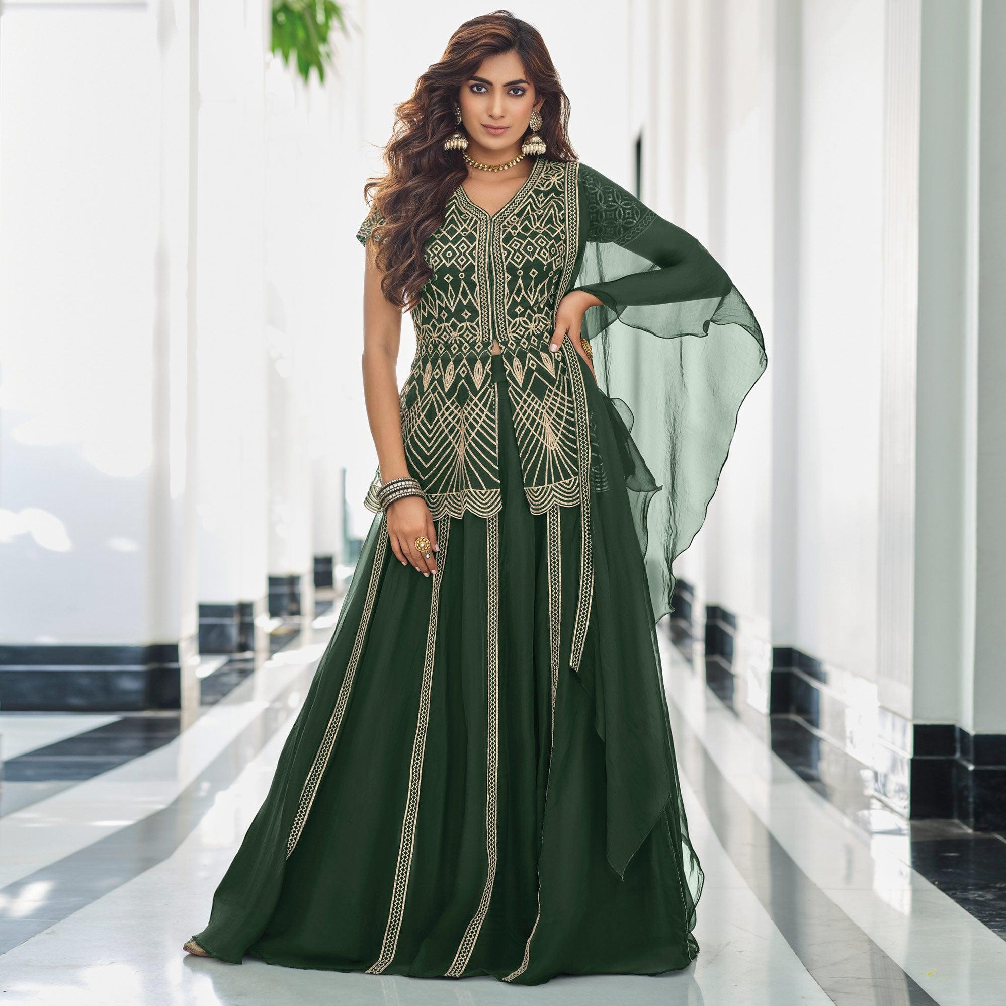 Bottle Green Gota Work Georgette Lehenga - Peachmode