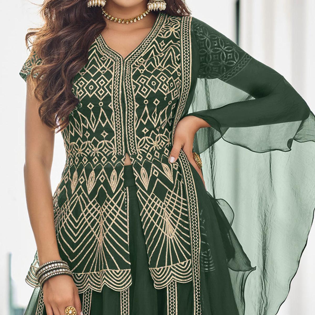 Bottle Green Gota Work Georgette Lehenga - Peachmode