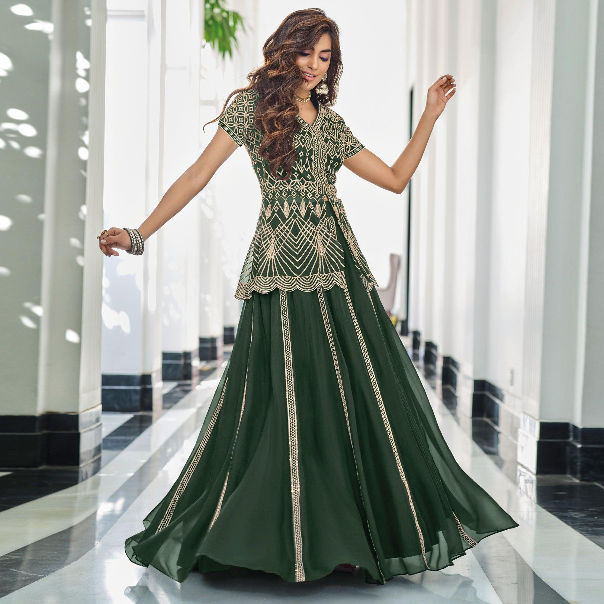 Bottle Green Gota Work Georgette Lehenga - Peachmode