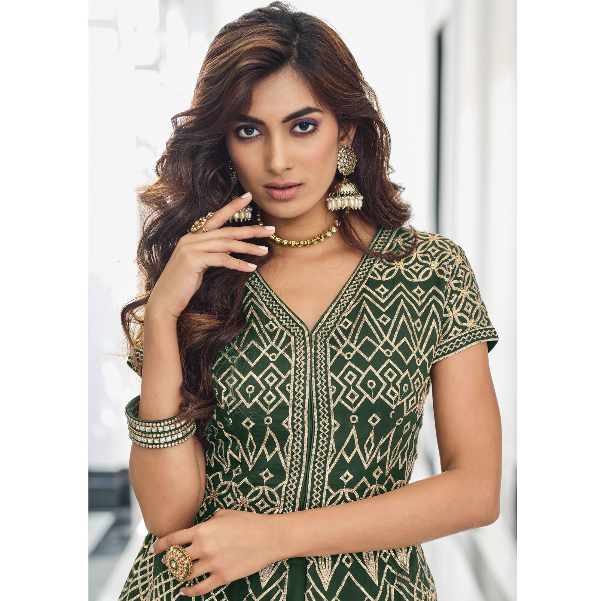 Bottle Green Gota Work Georgette Lehenga - Peachmode