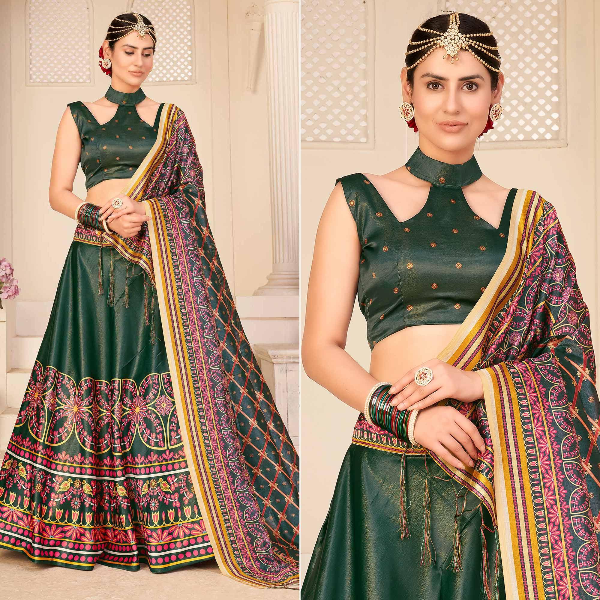 Bottle Green Party Wear Digital Printed Silk Lehenga Choli - Peachmode