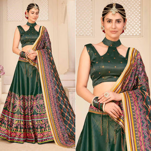 Bottle Green Party Wear Digital Printed Silk Lehenga Choli - Peachmode