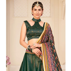 Bottle Green Party Wear Digital Printed Silk Lehenga Choli - Peachmode