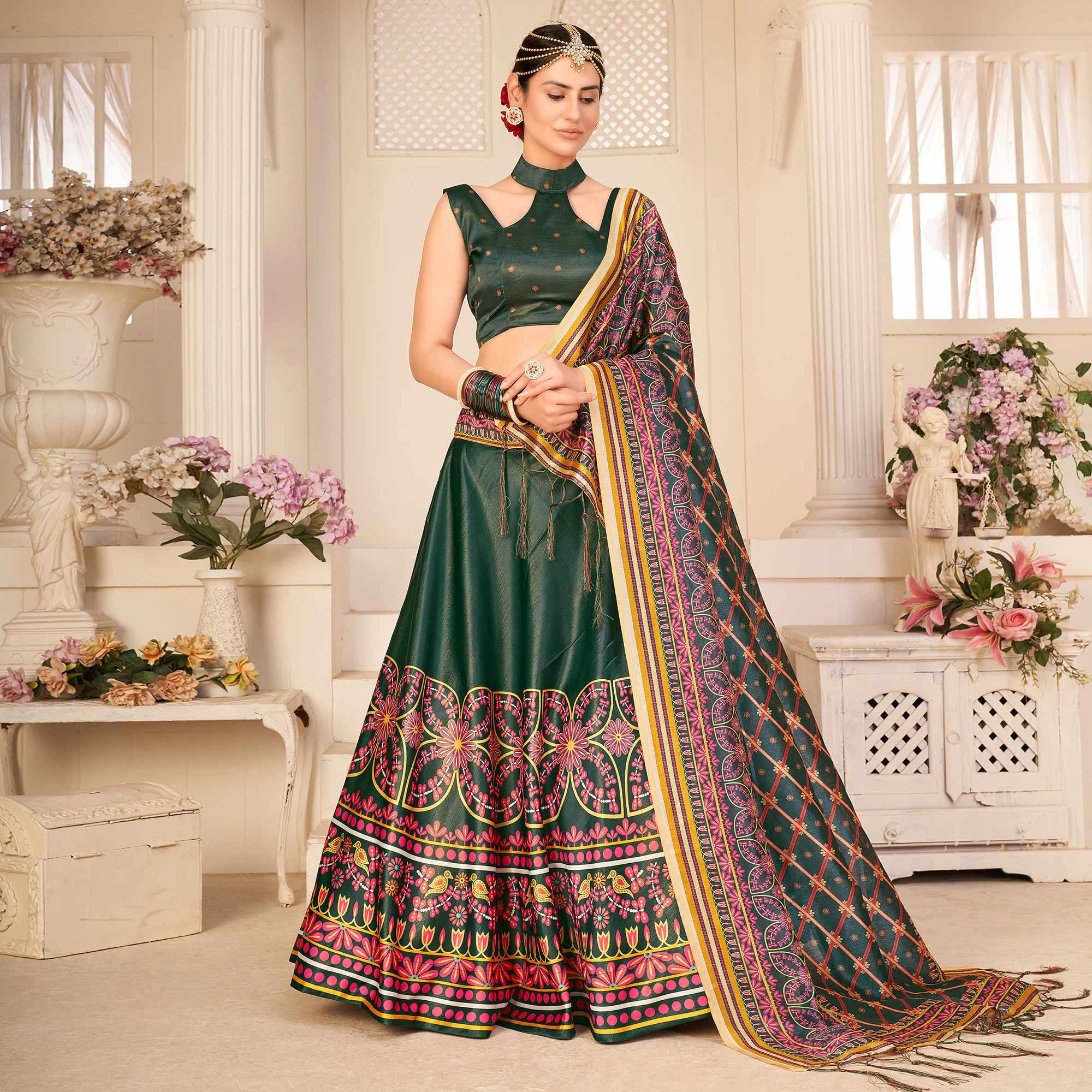 Bottle Green Party Wear Digital Printed Silk Lehenga Choli - Peachmode