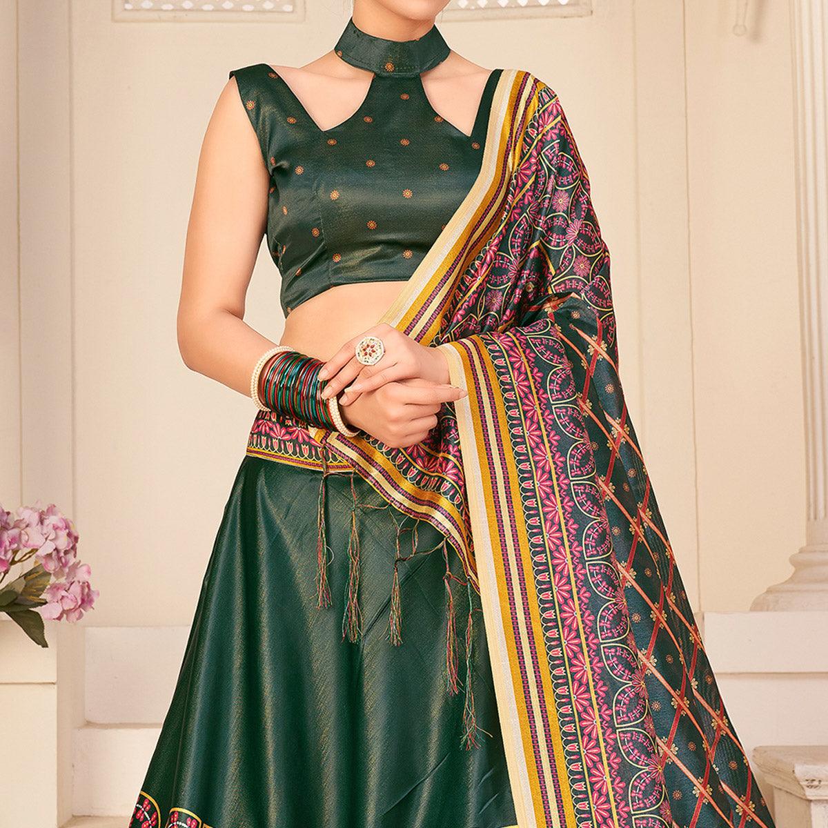 Bottle Green Party Wear Digital Printed Silk Lehenga Choli - Peachmode
