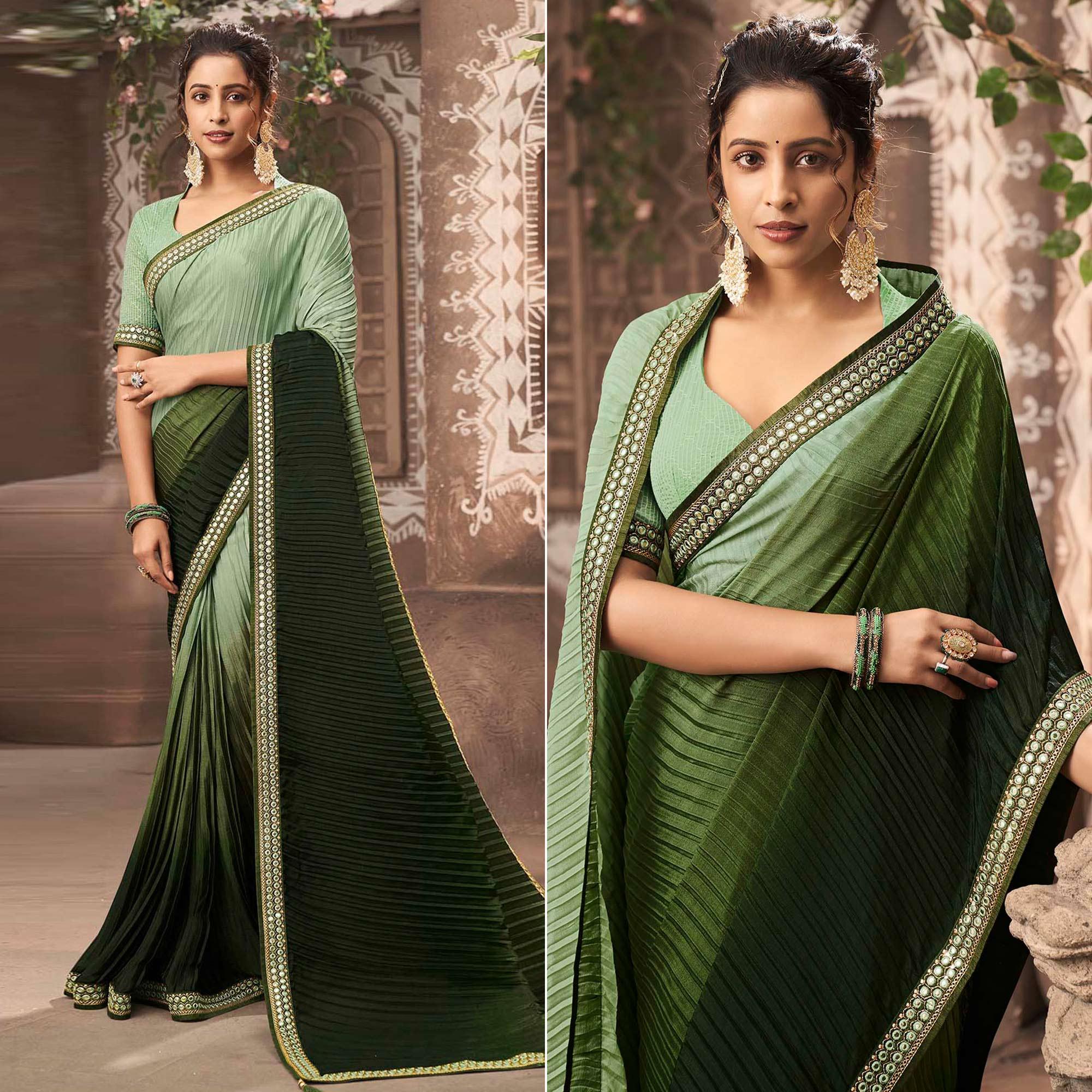 Bottle Green Partywear Crushed Chiffon Saree with Fancy Lace - Peachmode