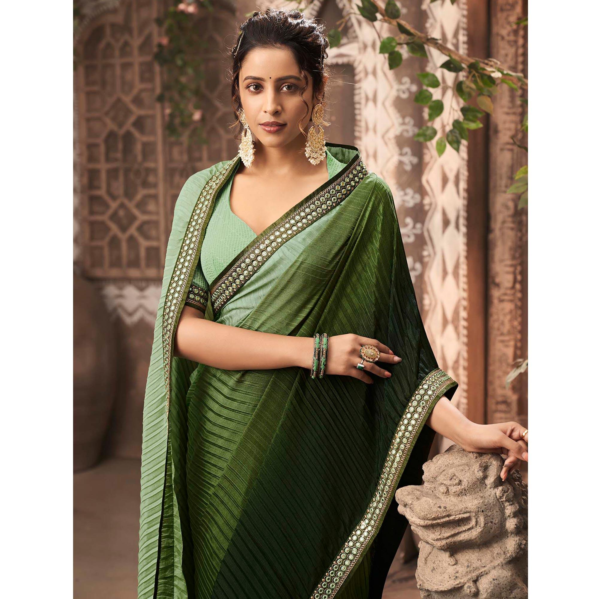 Bottle Green Partywear Crushed Chiffon Saree with Fancy Lace - Peachmode