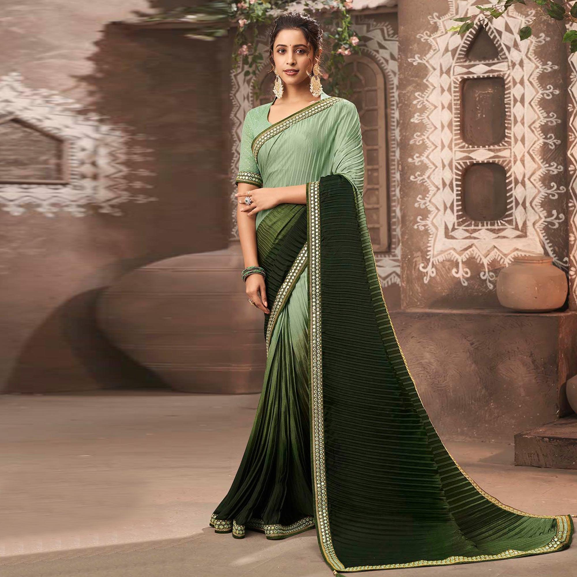 Bottle Green Partywear Crushed Chiffon Saree with Fancy Lace - Peachmode
