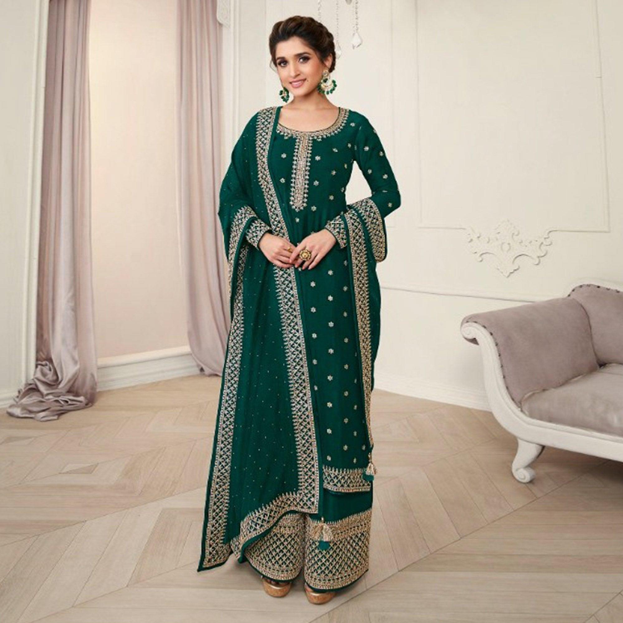 Bottle Green Partywear Embroidered Georgette Palazzo Suit - Peachmode