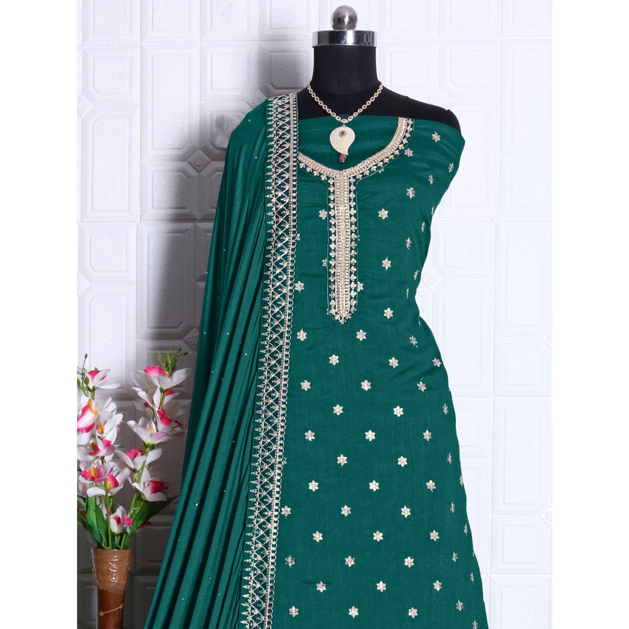 Bottle Green Partywear Embroidered Georgette Palazzo Suit - Peachmode
