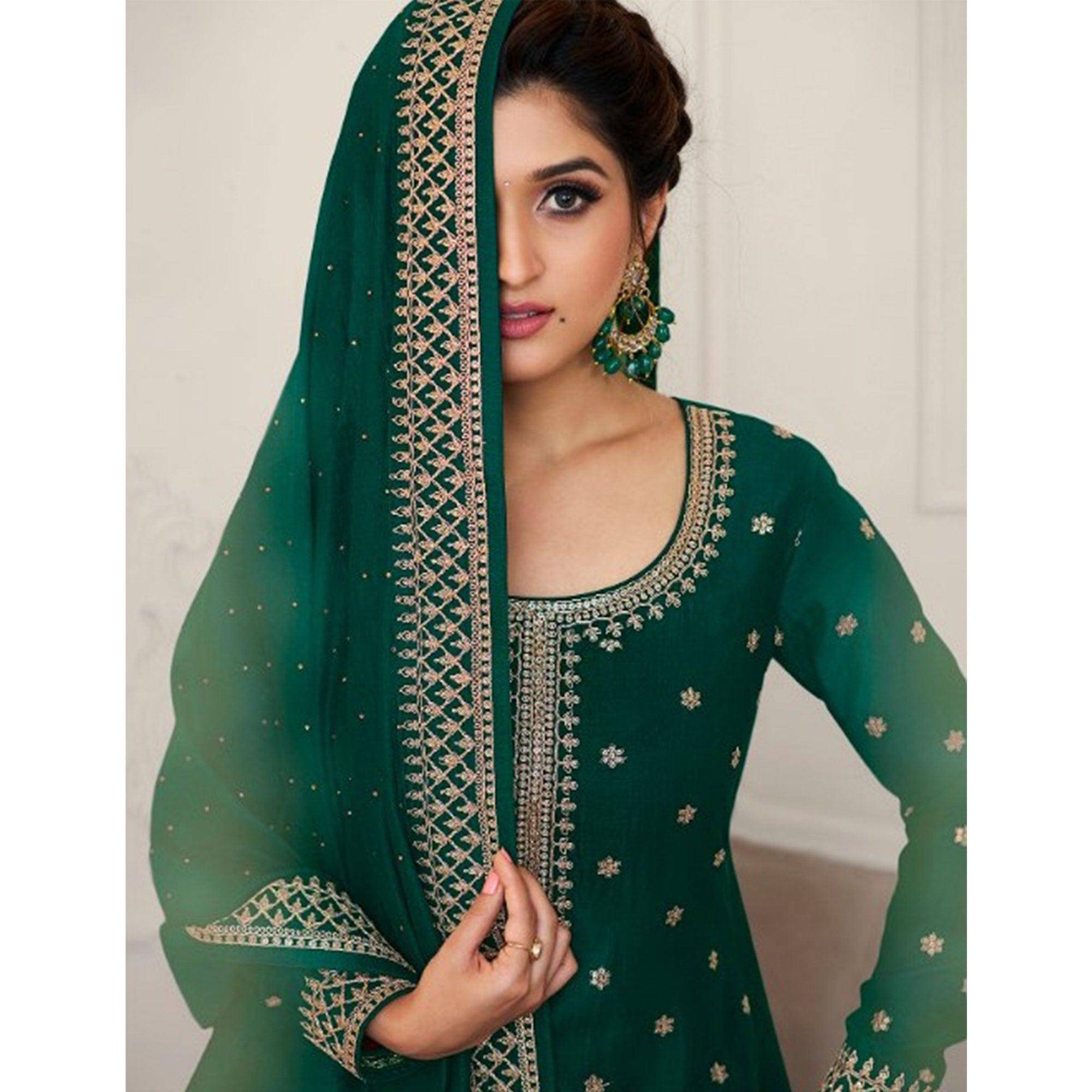 Bottle Green Partywear Embroidered Georgette Palazzo Suit - Peachmode
