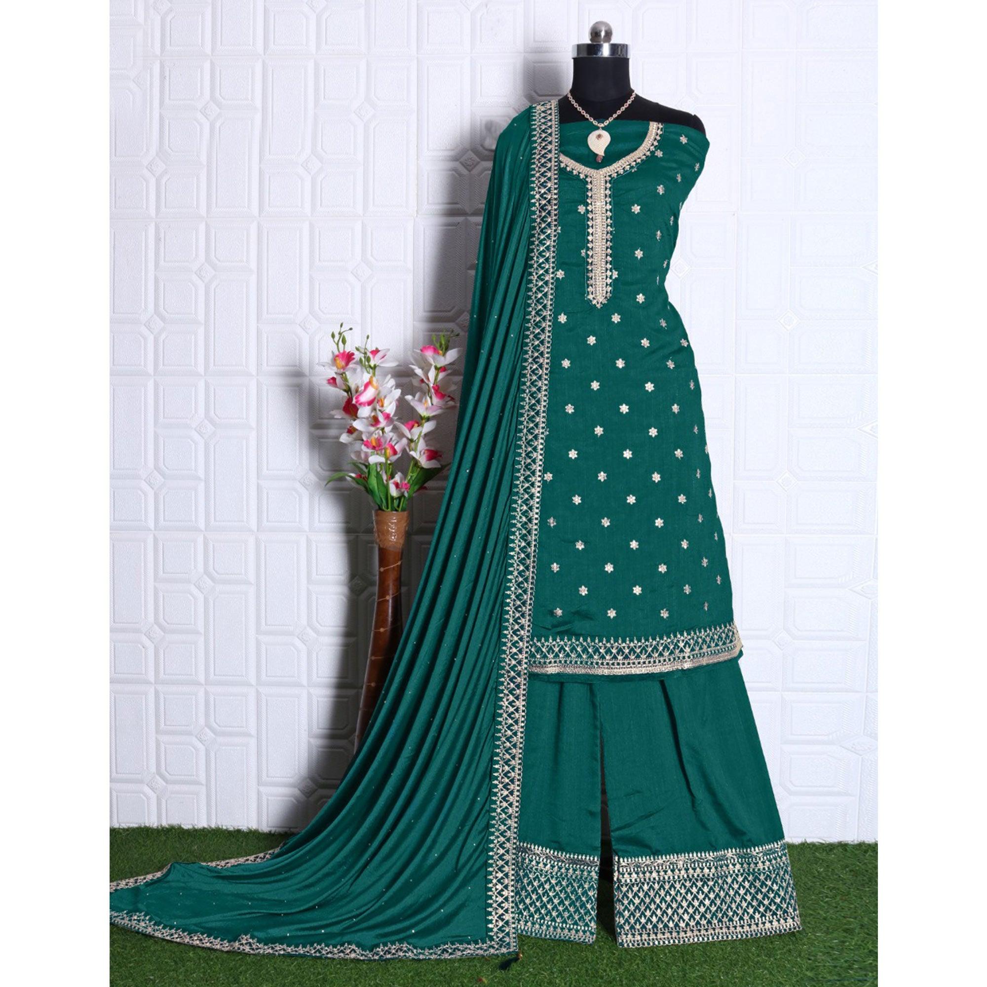 Bottle Green Partywear Embroidered Georgette Palazzo Suit - Peachmode