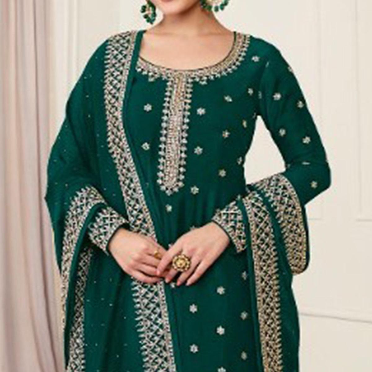 Bottle Green Partywear Embroidered Georgette Palazzo Suit - Peachmode