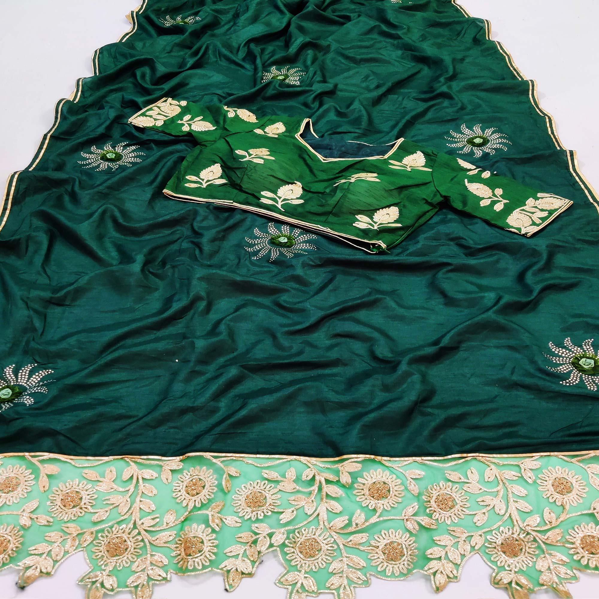 Bottle Green Partywear Embroidered Heavy Dola Silk Saree - Peachmode