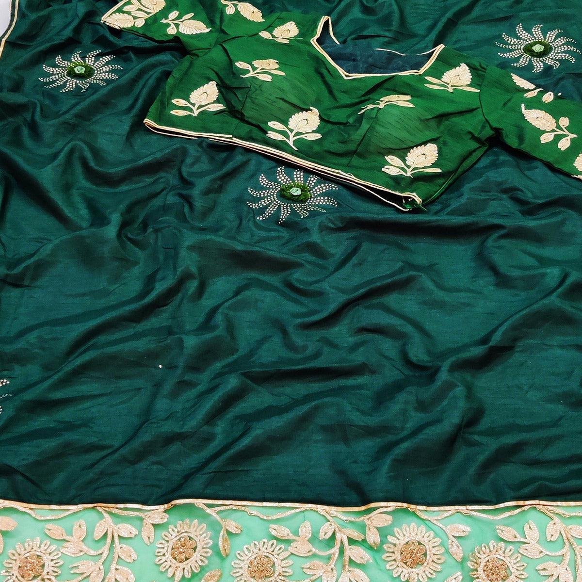 Bottle Green Partywear Embroidered Heavy Dola Silk Saree - Peachmode