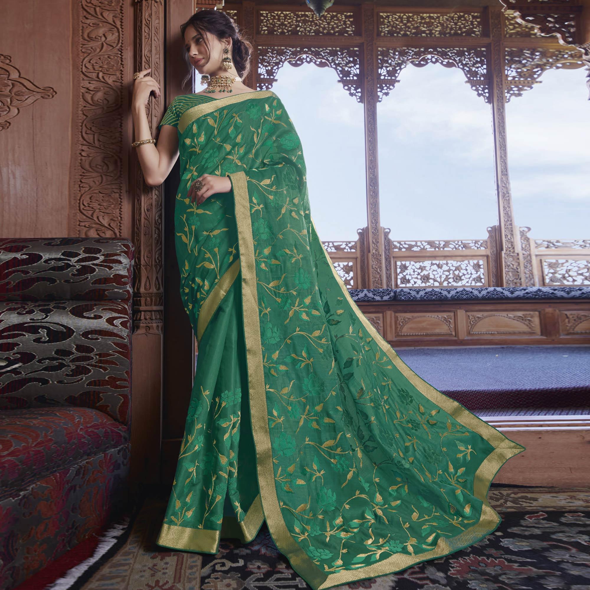 Bottle Green Partywear Embroidered Silk Saree - Peachmode