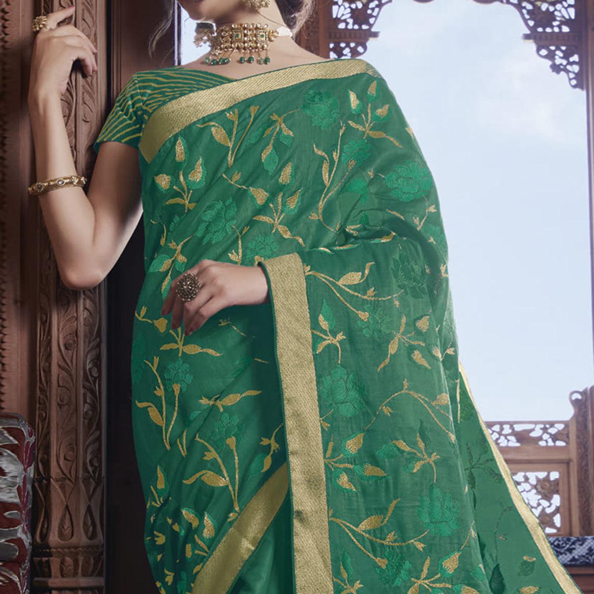 Bottle Green Partywear Embroidered Silk Saree - Peachmode