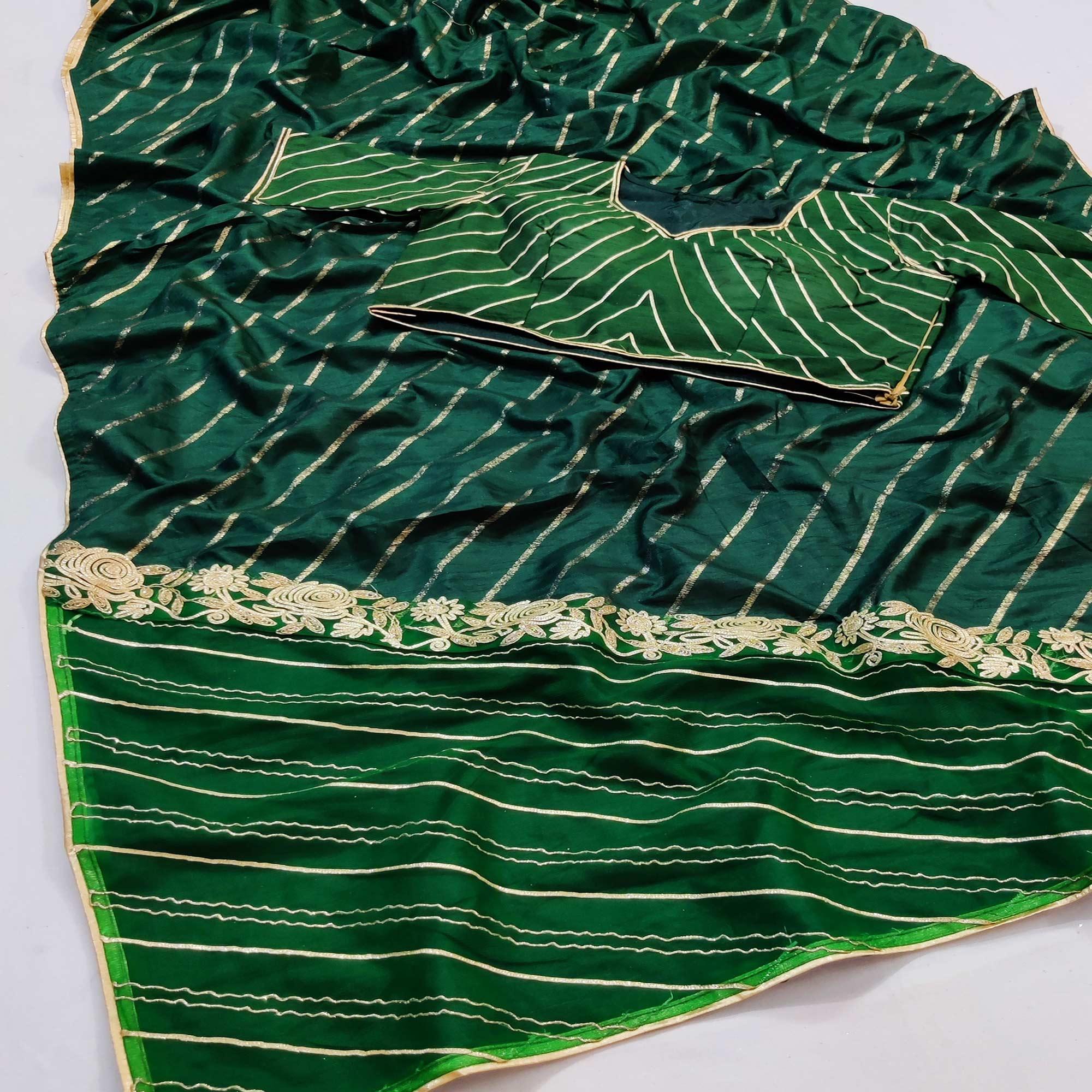 Bottle Green Partywear Floral Embroidered With Gotta Patti Dola Silk Saree - Peachmode
