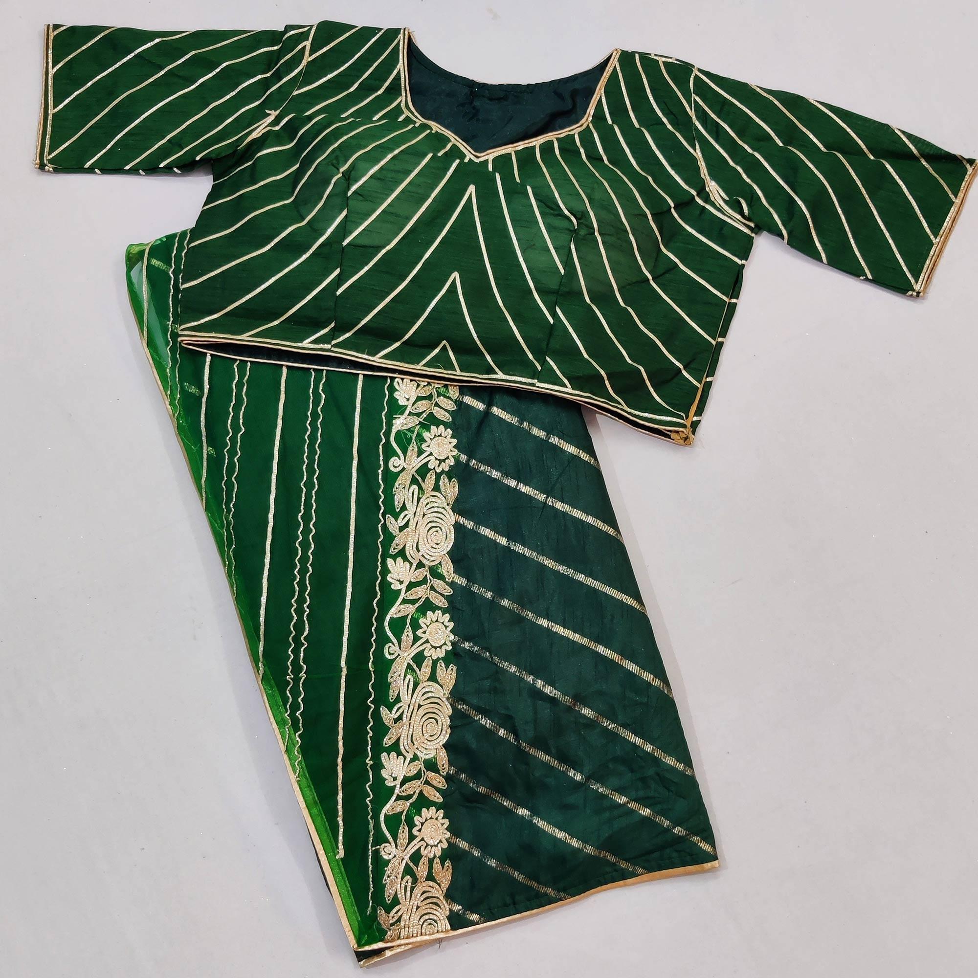 Bottle Green Partywear Floral Embroidered With Gotta Patti Dola Silk Saree - Peachmode