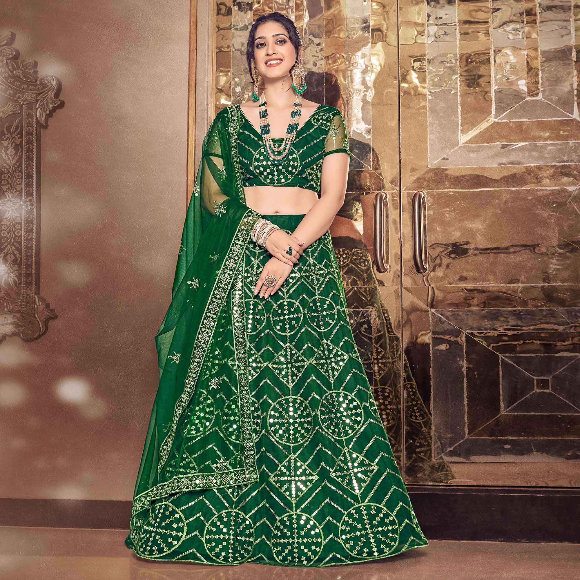 Bottle Green Partywear Thread Sequence Soft Net Lehenga Choli - Peachmode