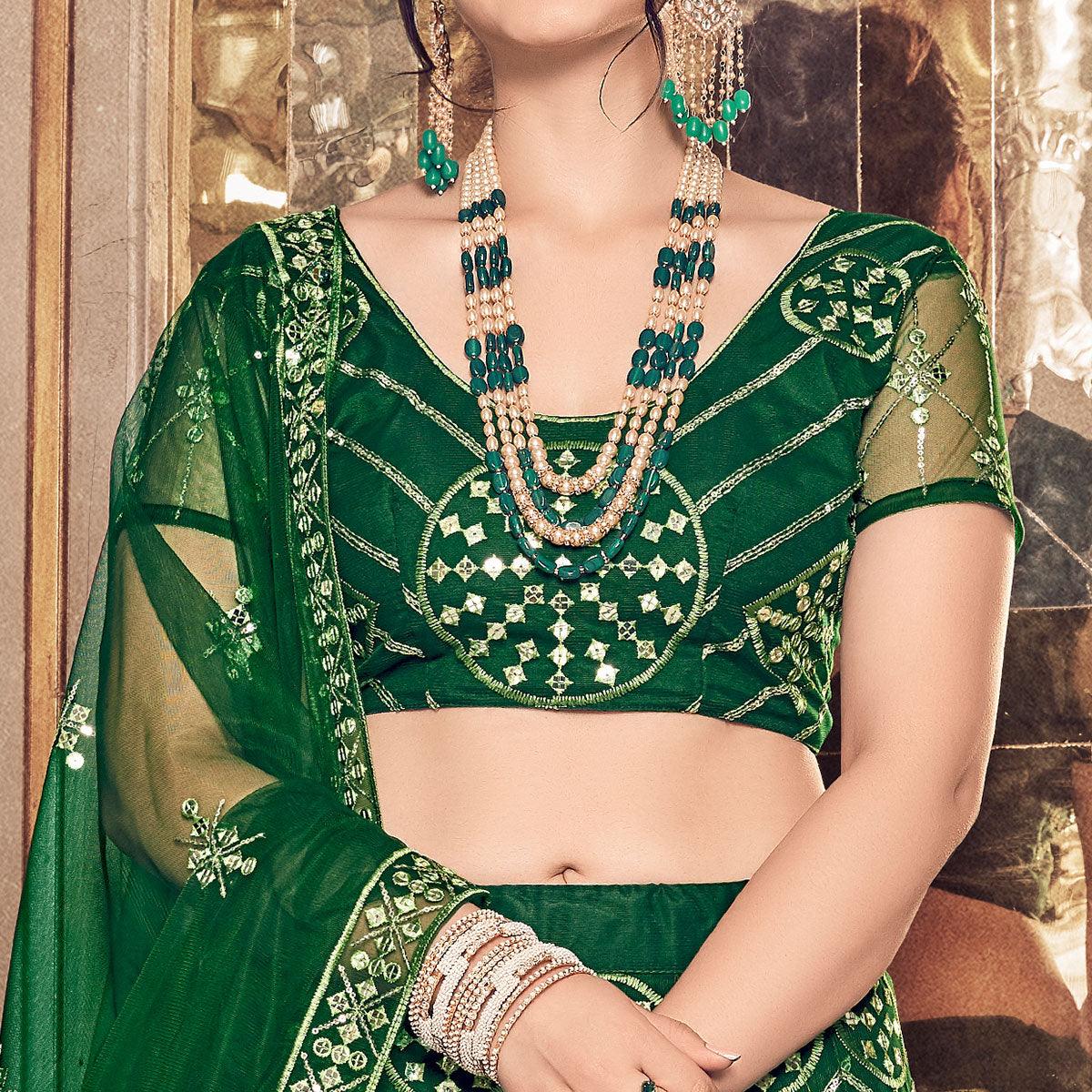 Bottle Green Partywear Thread Sequence Soft Net Lehenga Choli - Peachmode