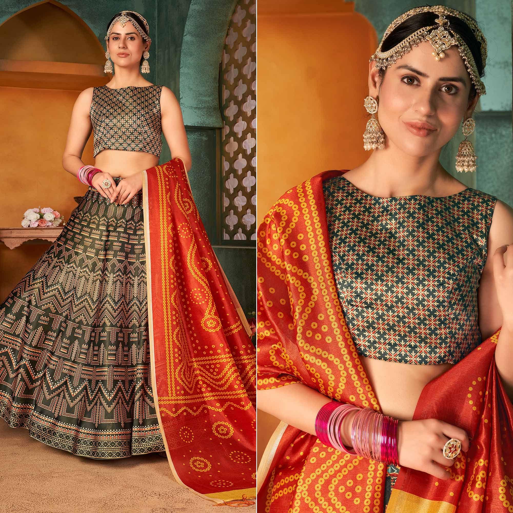 Bottle Green Printed Pure Silk Lehenga Choli - Peachmode