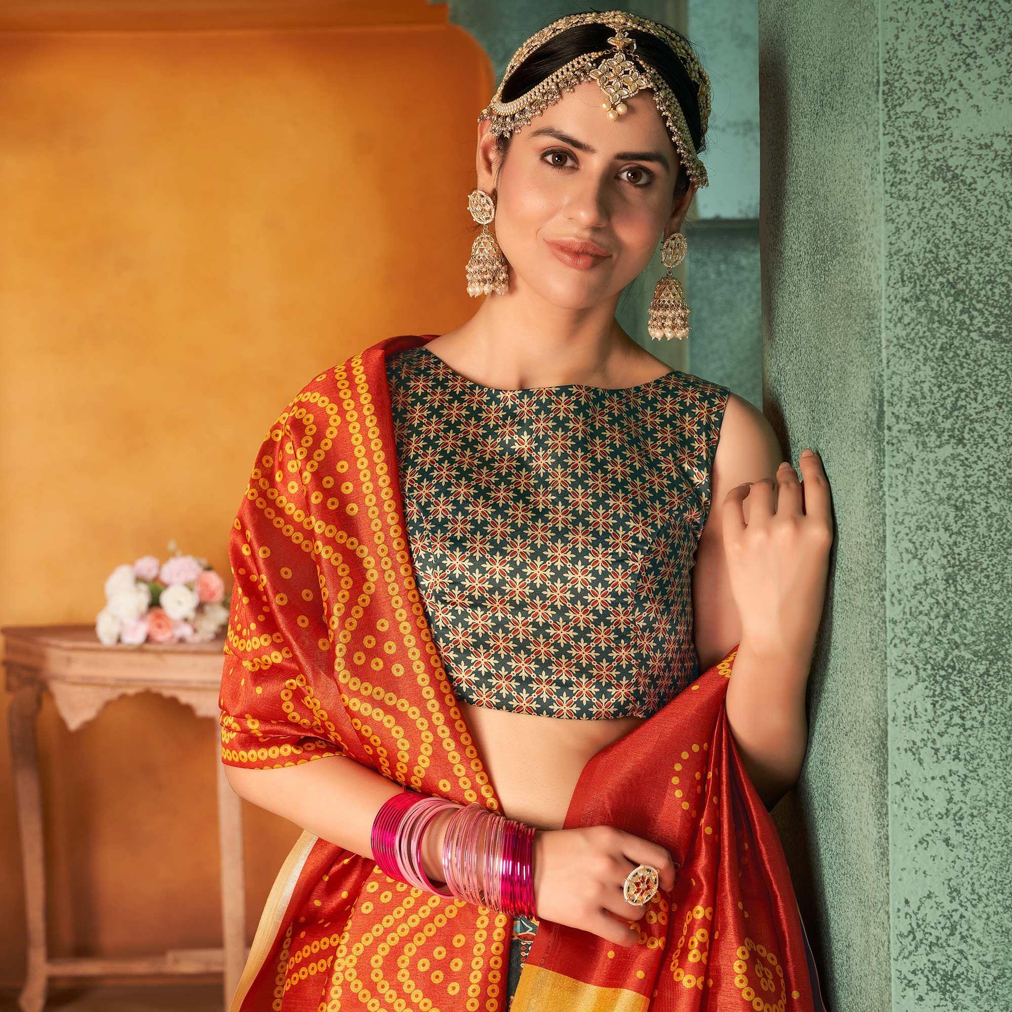 Bottle Green Printed Pure Silk Lehenga Choli - Peachmode