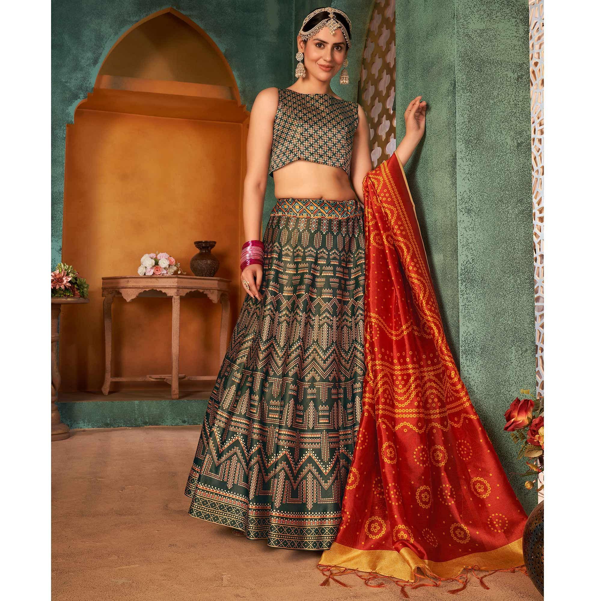 Bottle Green Printed Pure Silk Lehenga Choli - Peachmode