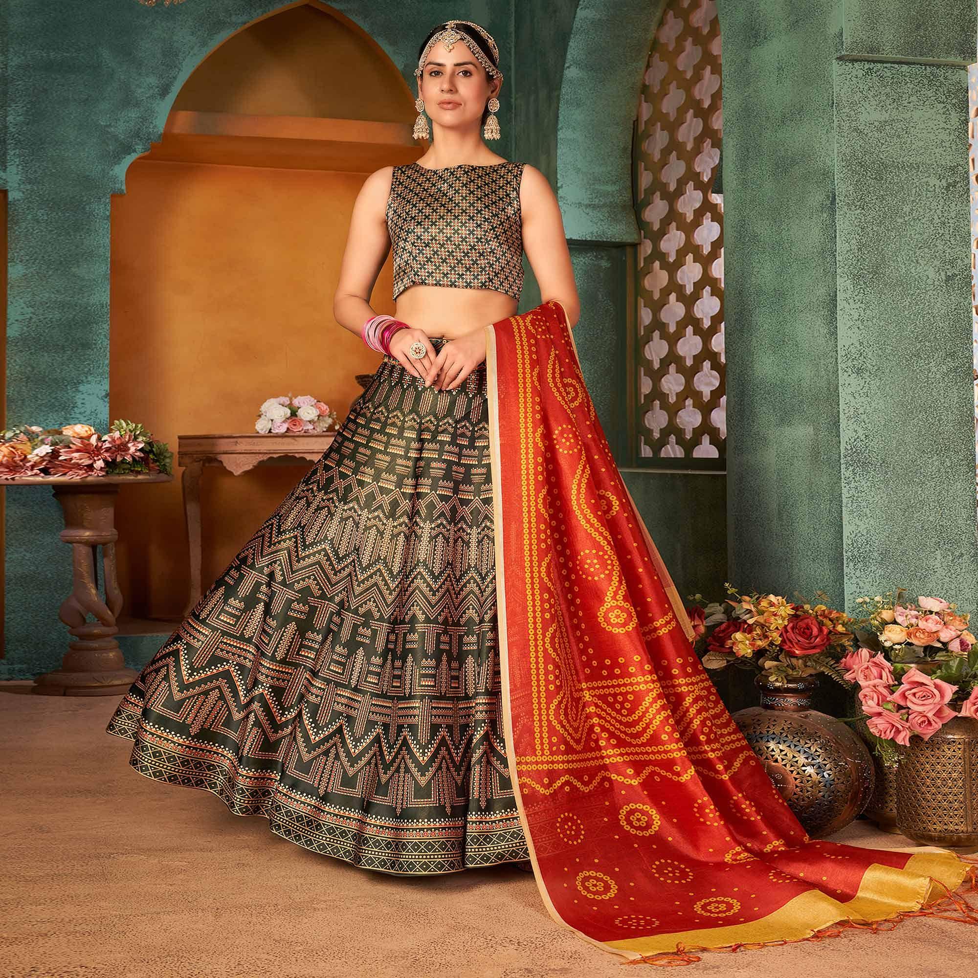 Bottle Green Printed Pure Silk Lehenga Choli - Peachmode