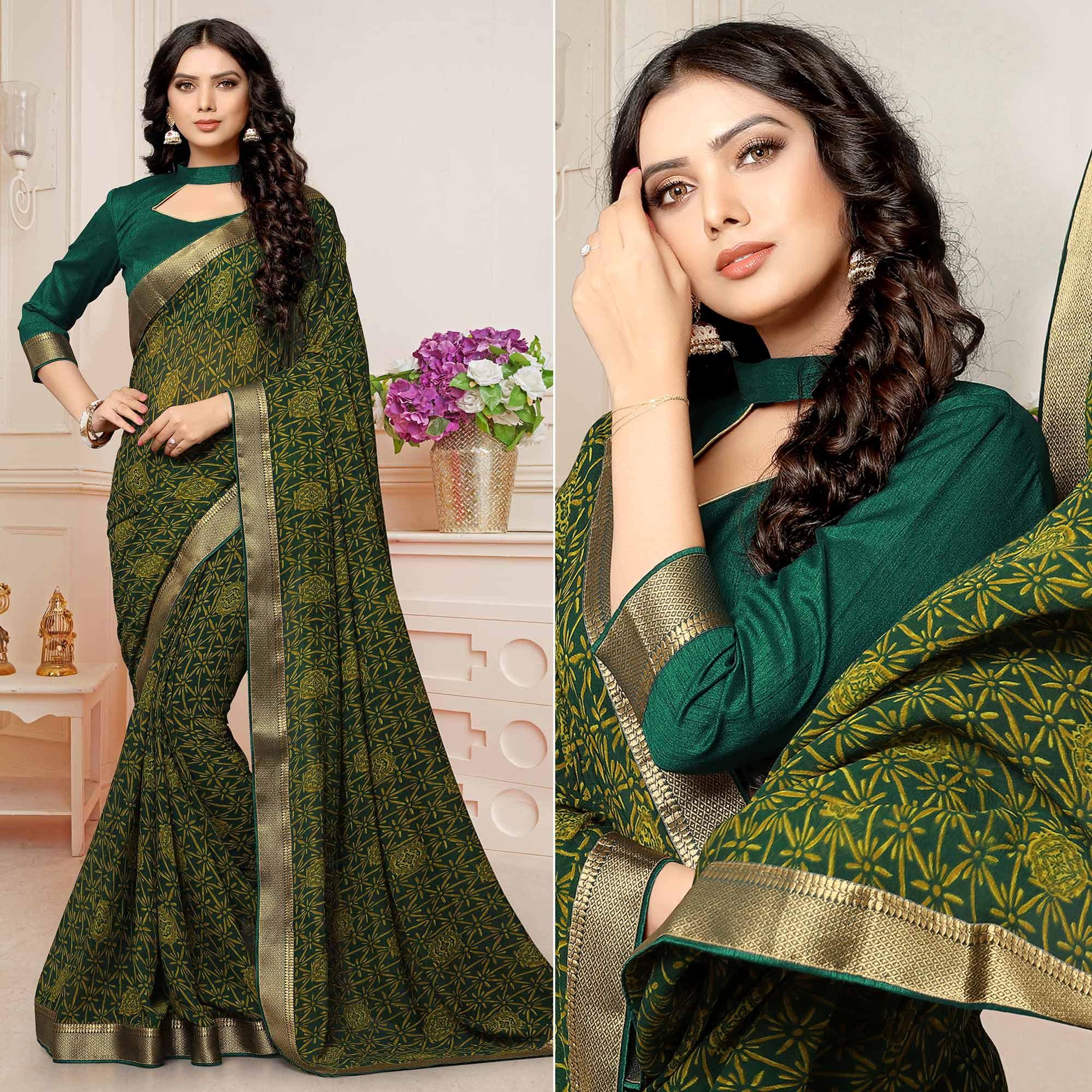 Bottle Green Printed With Woven Border Georgette Saree - Peachmode