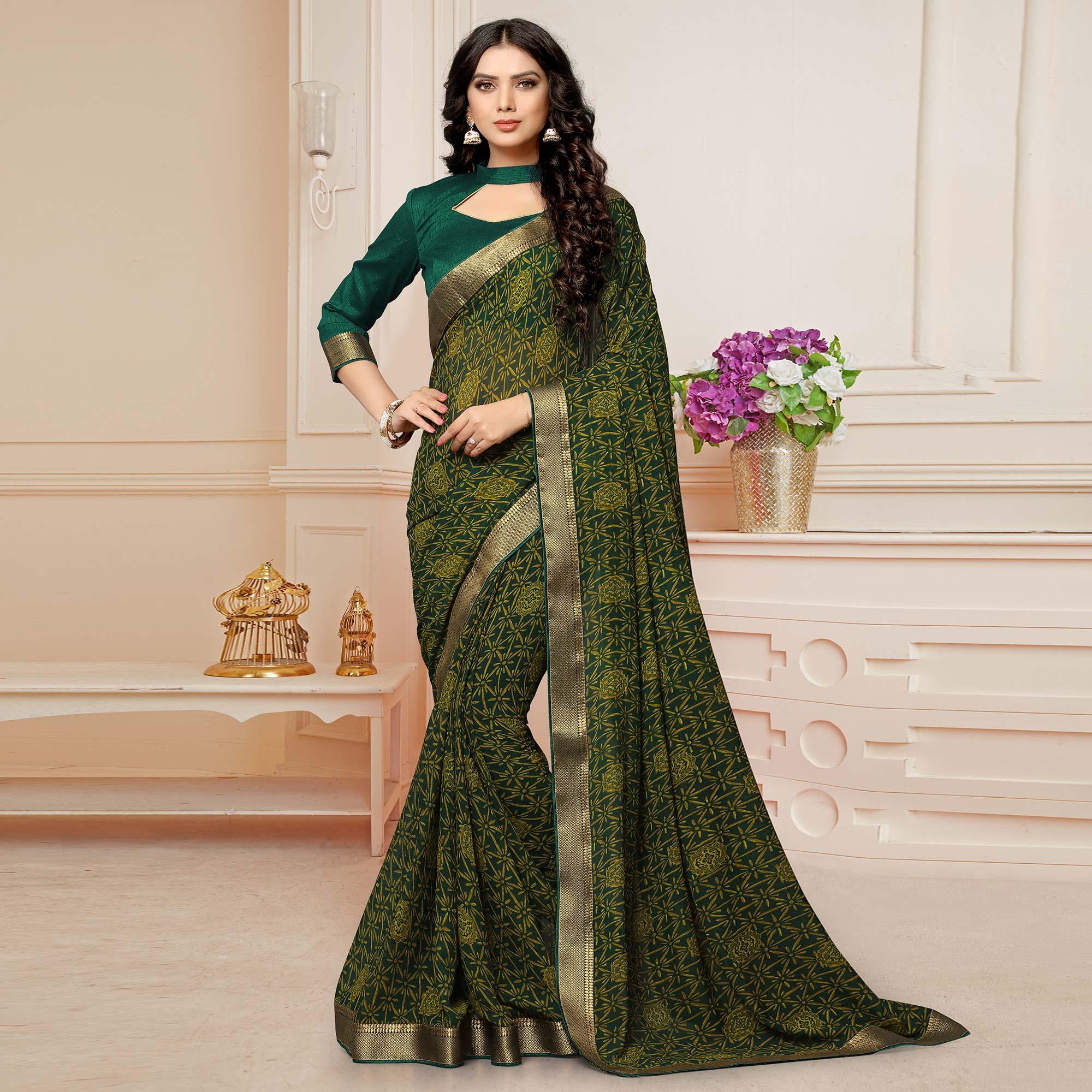 Bottle Green Printed With Woven Border Georgette Saree - Peachmode