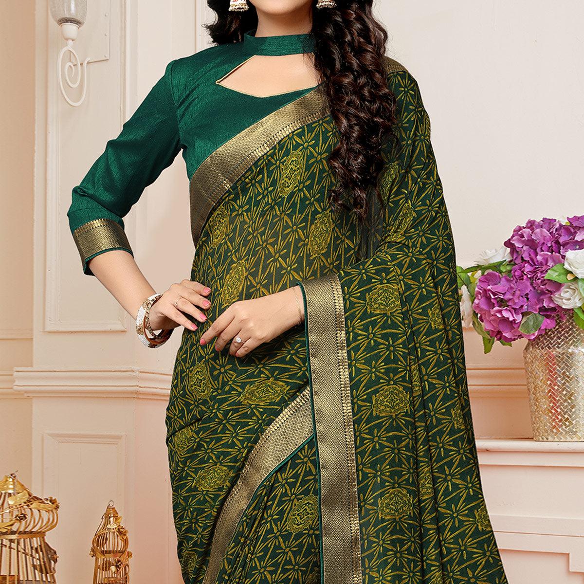 Bottle Green Printed With Woven Border Georgette Saree - Peachmode