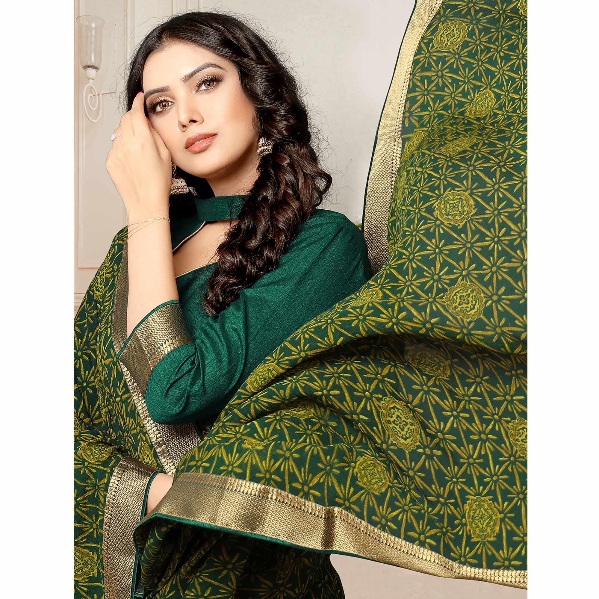 Bottle Green Printed With Woven Border Georgette Saree - Peachmode