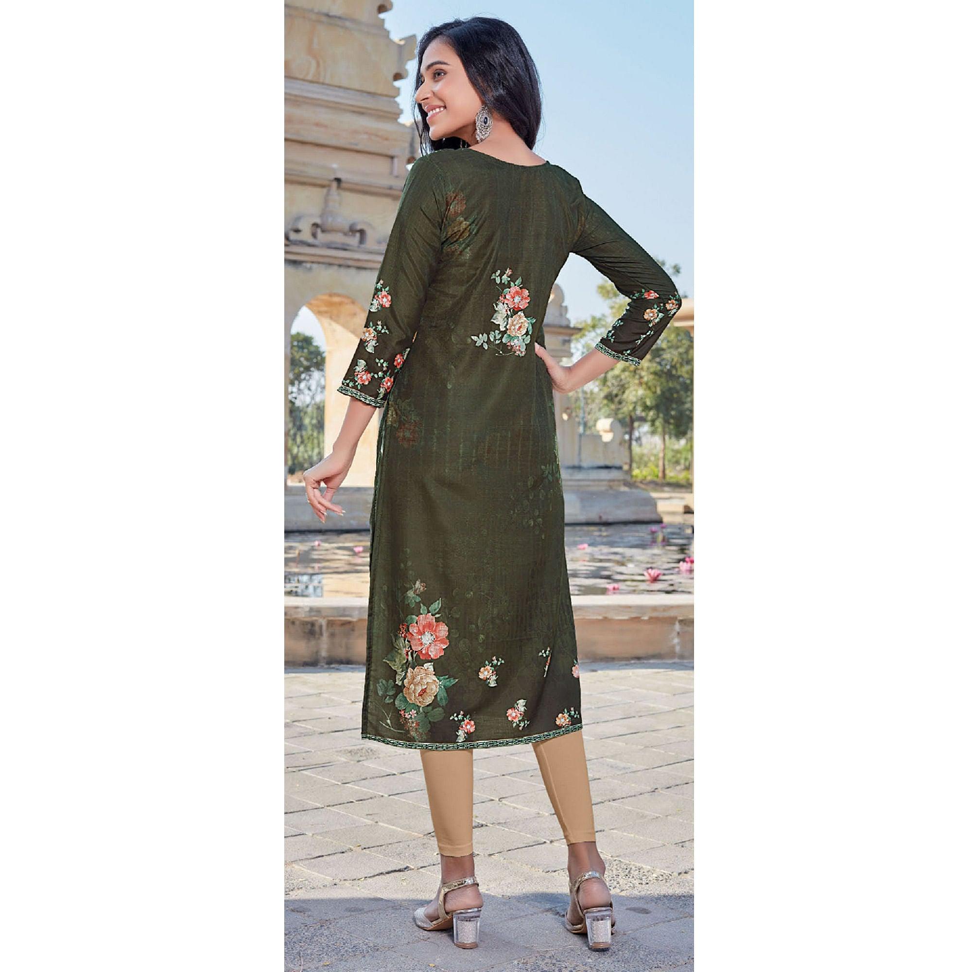 Bottle Green Sequence Embroidered Cotton Silk Kurti - Peachmode