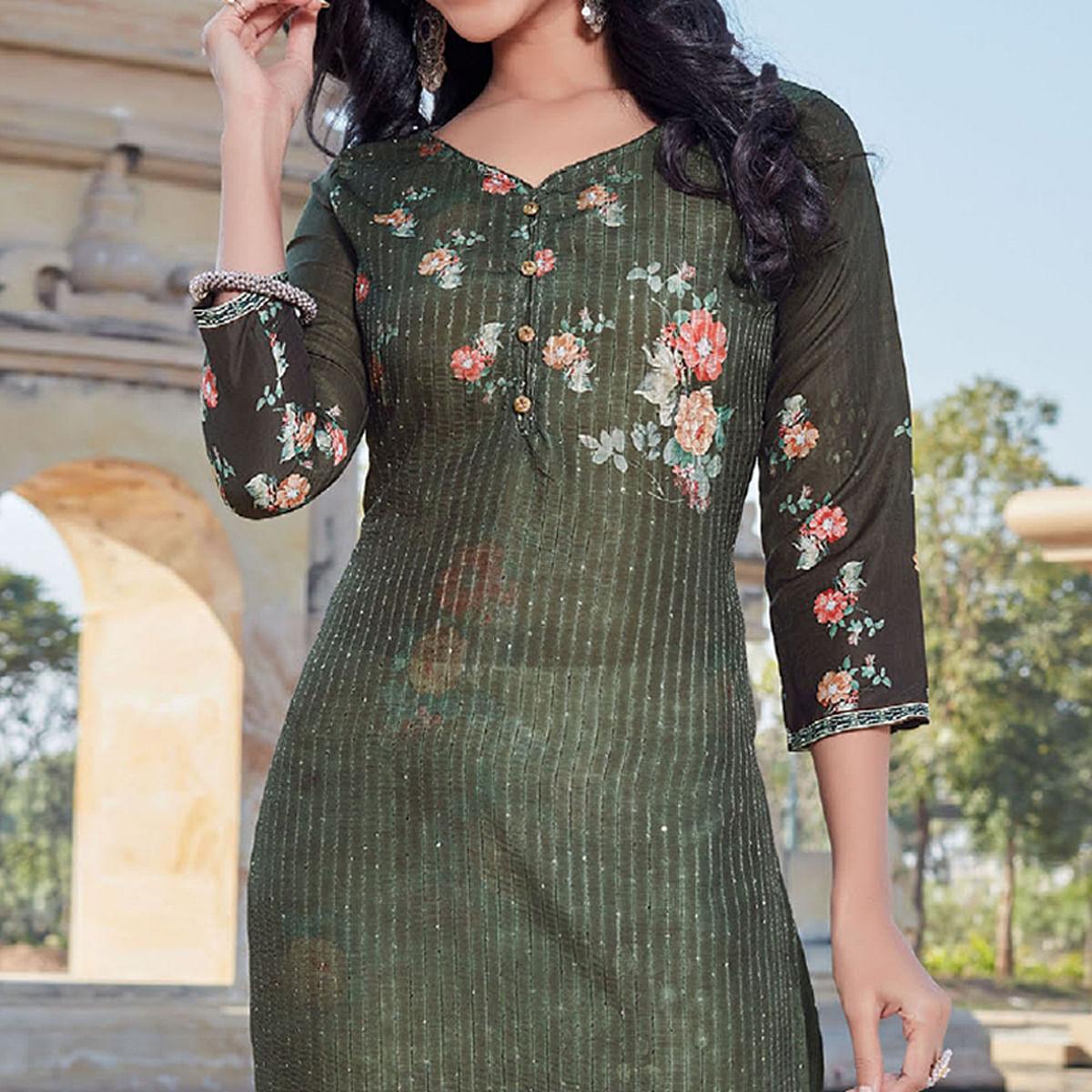 Bottle Green Sequence Embroidered Cotton Silk Kurti - Peachmode