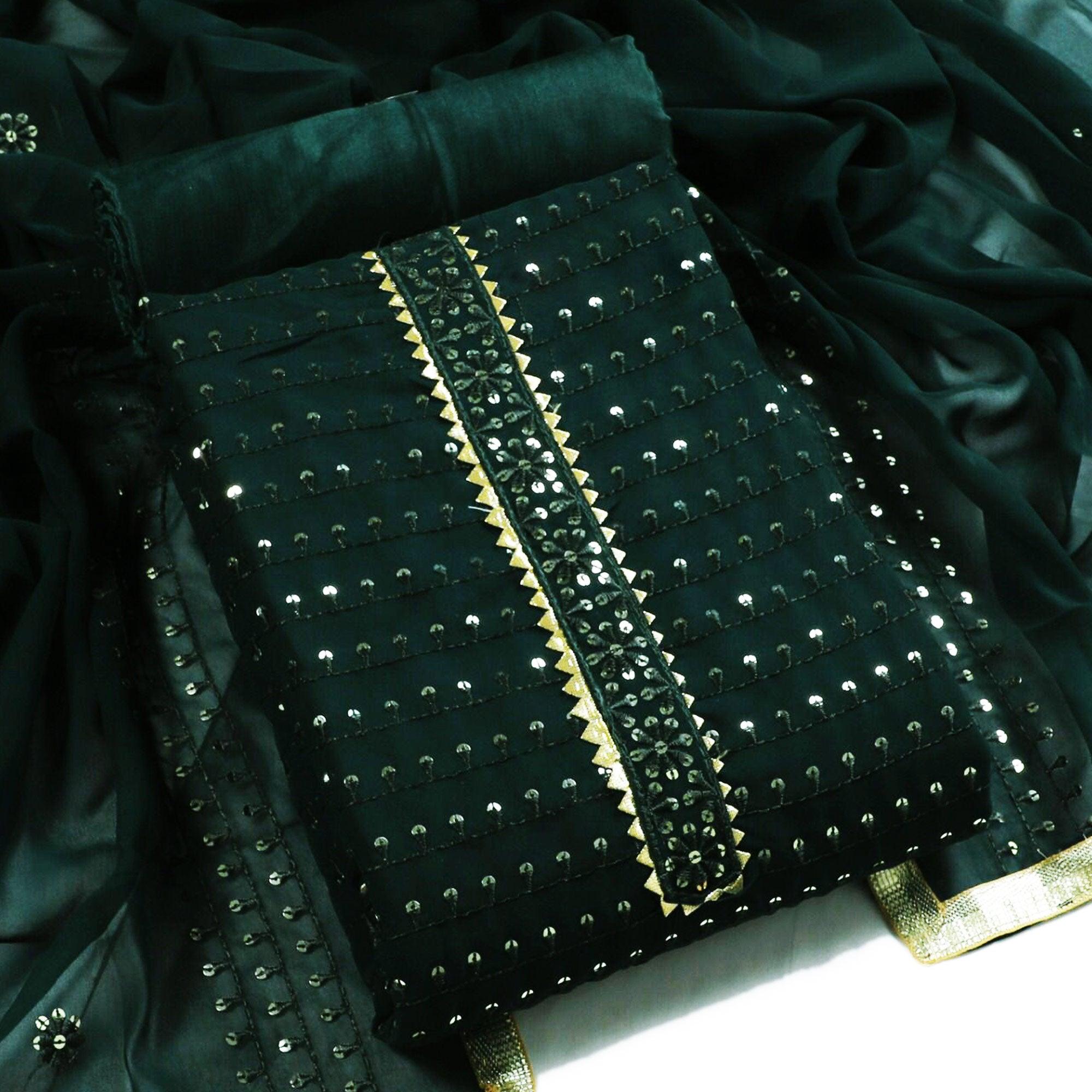 Bottle Green Sequence Embroidered Georgette Dress Material - Peachmode