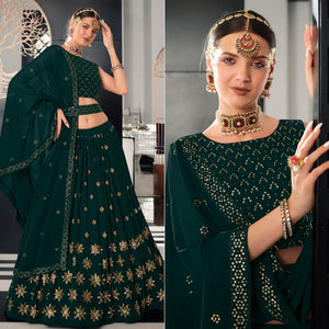 Bottle Green Sequence Embroidered Georgette Lehenga Choli - Peachmode