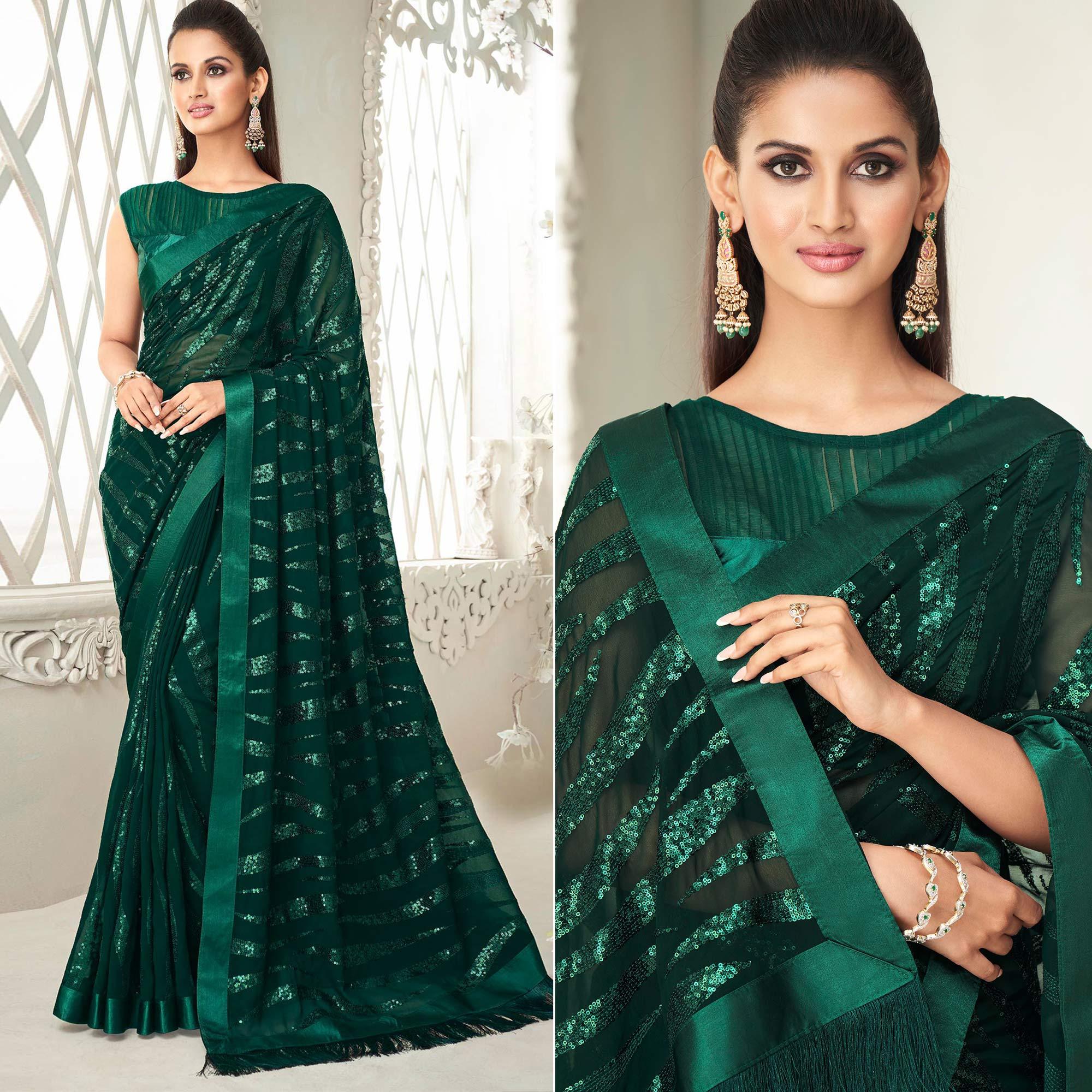 Bottle Green Sequence Embroidered Georgette Saree With Tassels - Peachmode