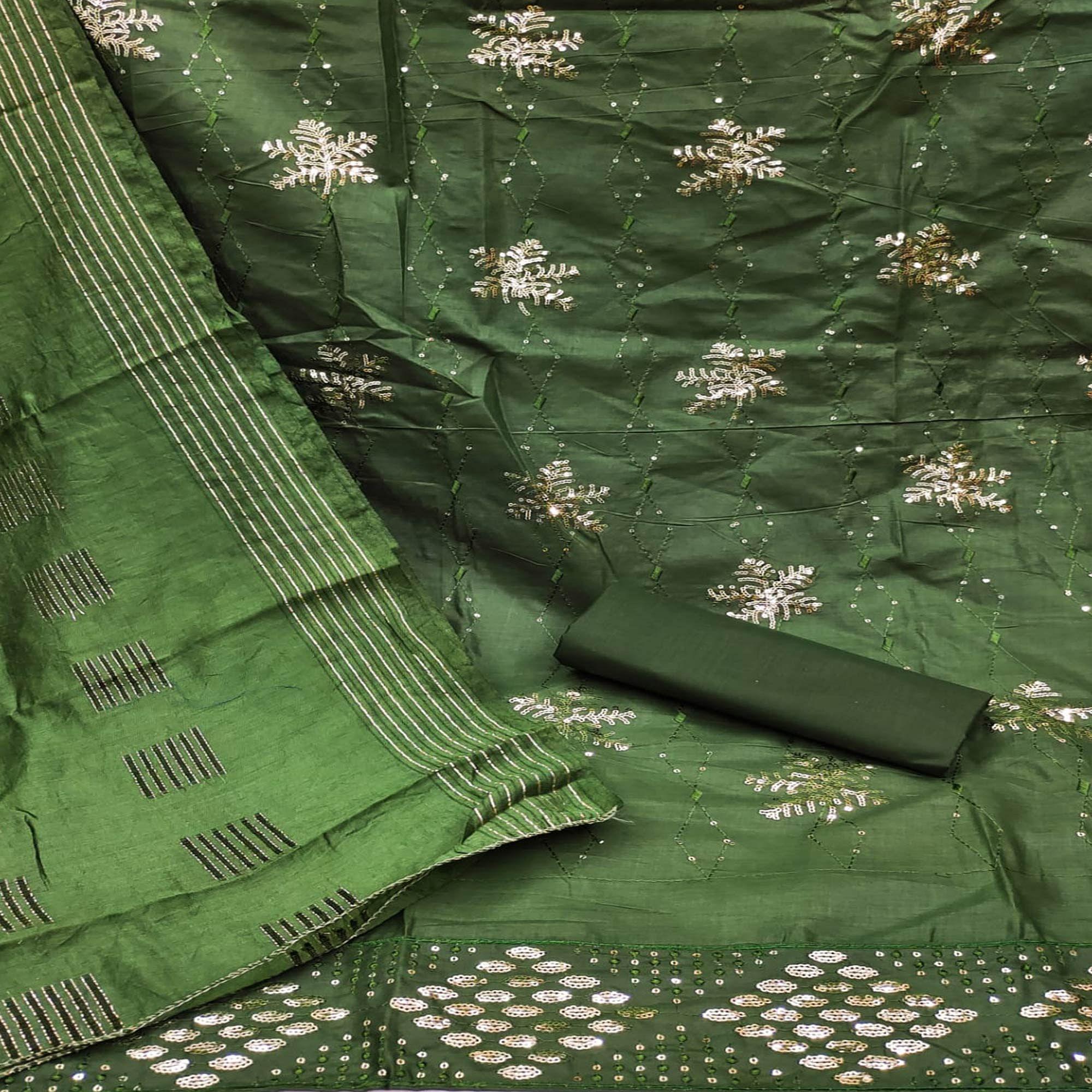Bottle Green Sequence Embroidered Pure Cotton Dress Material - Peachmode