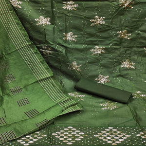 Bottle Green Sequence Embroidered Pure Cotton Dress Material - Peachmode