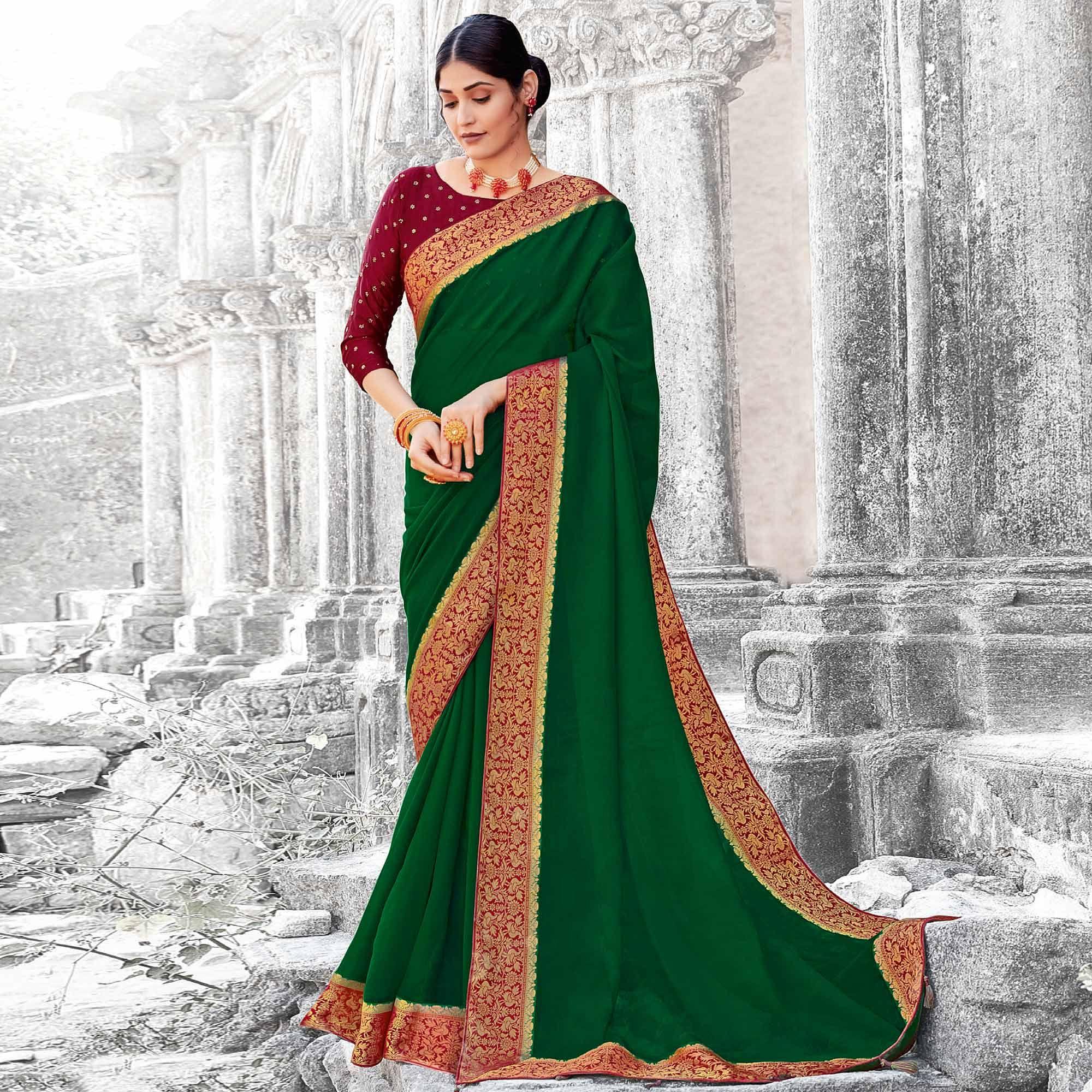 Bottle Green Solid Chiffon Saree - Peachmode