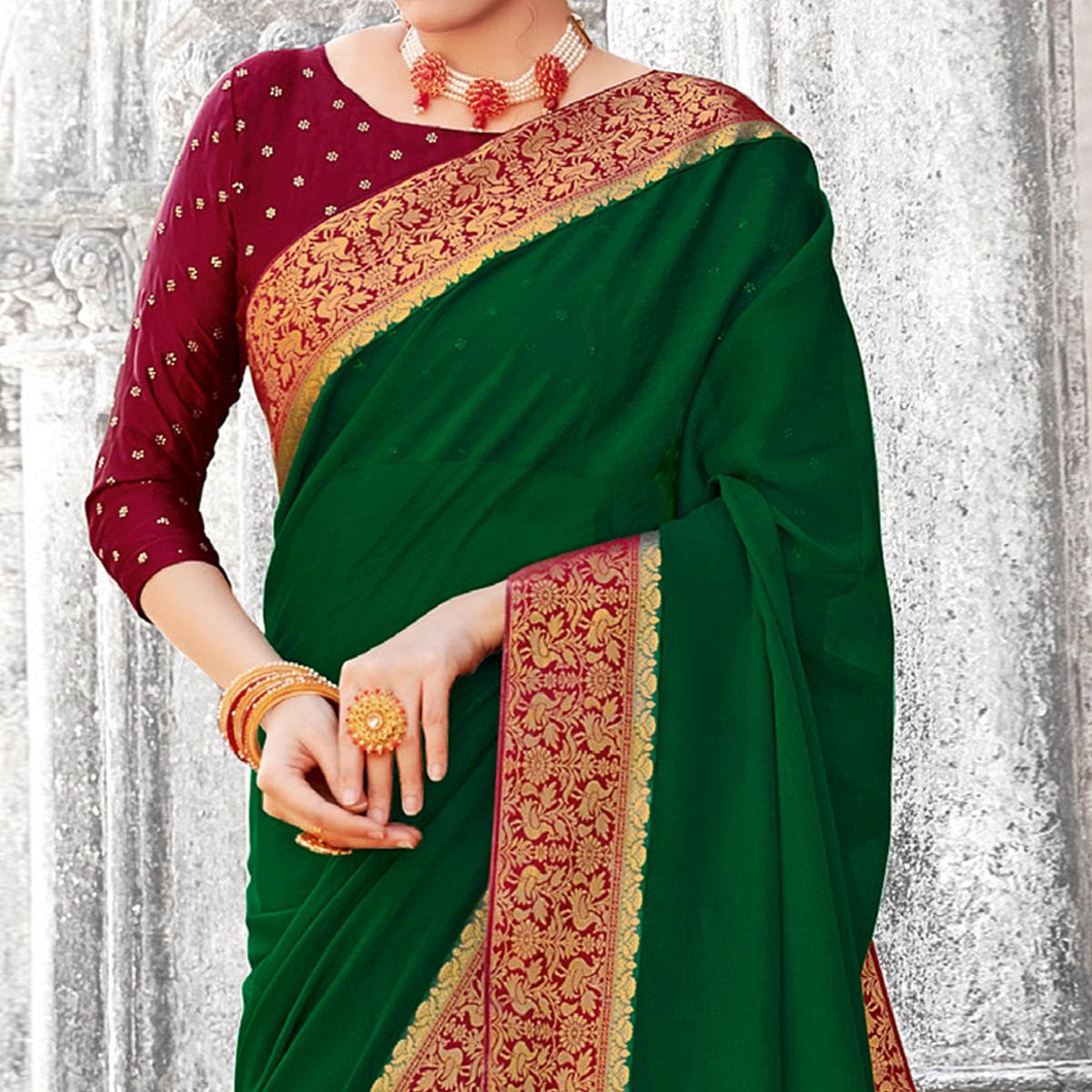 Bottle Green Solid Chiffon Saree - Peachmode
