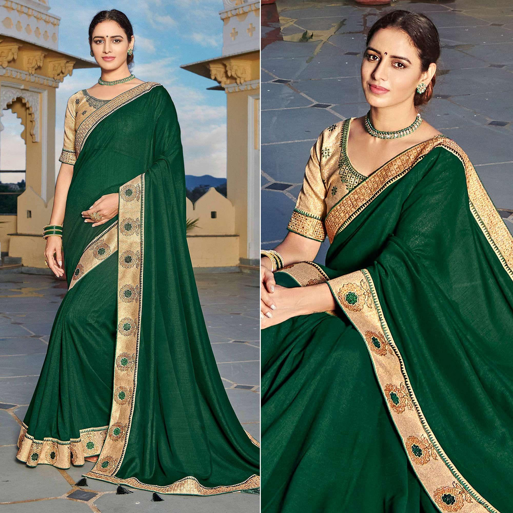 Bottle Green Solid-Embroidered Border Vichitra Silk Saree With Tassels - Peachmode