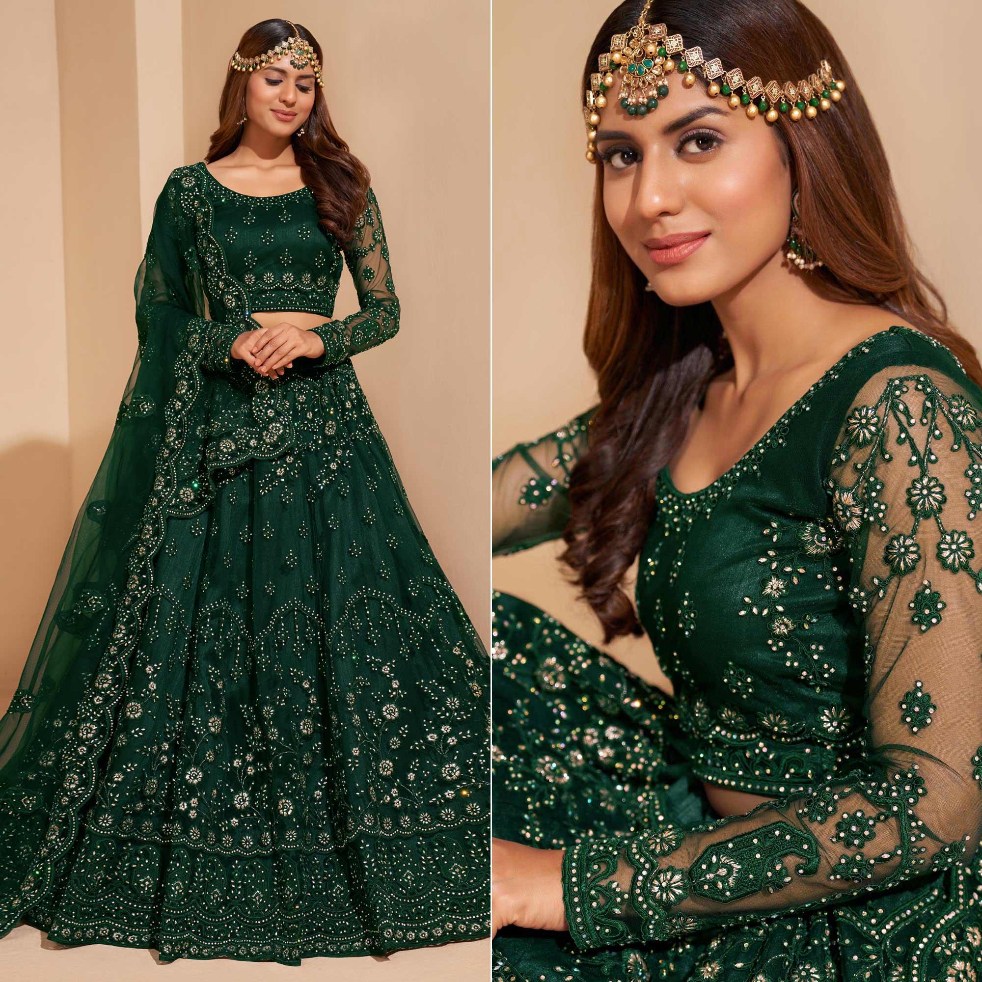Bottle Green Wedding Wear Embroidered With Embellished Net Lehenga Choli - Peachmode