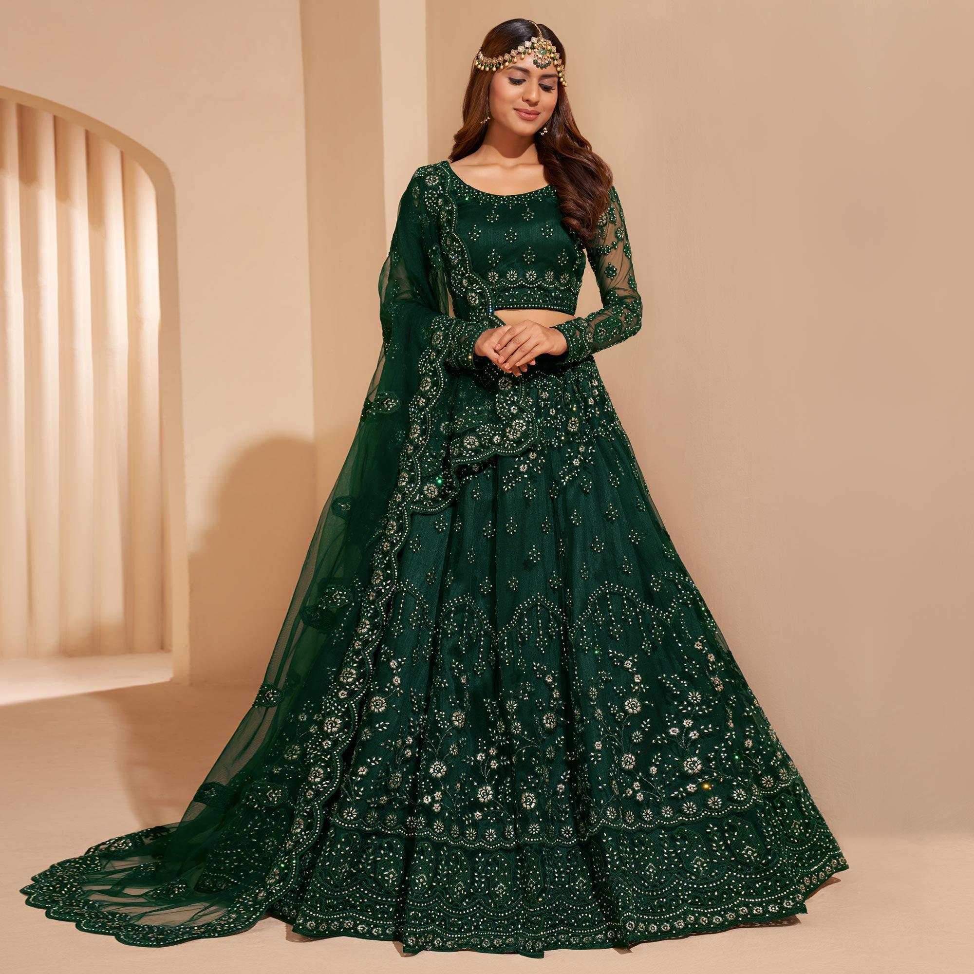 Bottle Green Wedding Wear Embroidered With Embellished Net Lehenga Choli - Peachmode