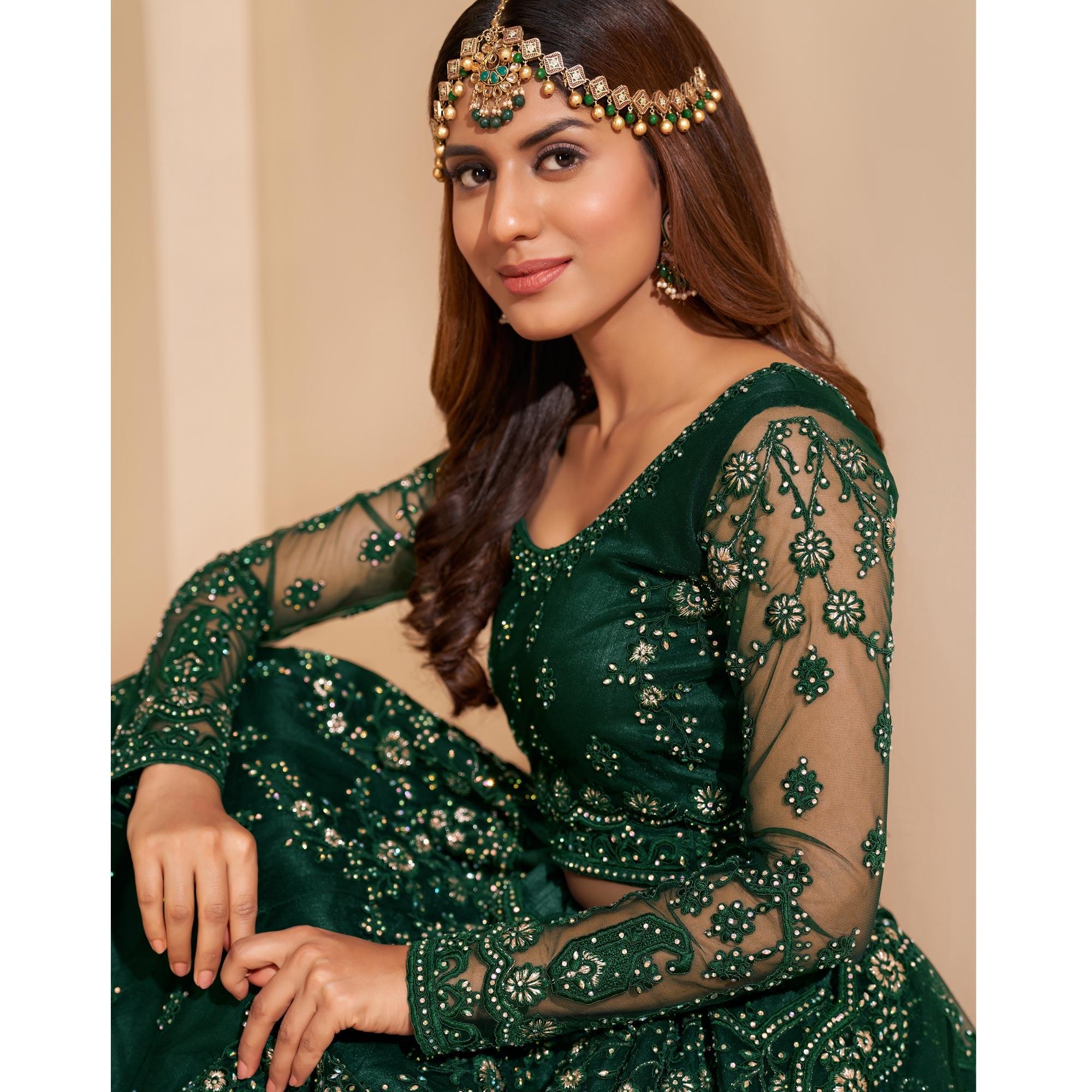 Bottle Green Wedding Wear Embroidered With Embellished Net Lehenga Choli - Peachmode