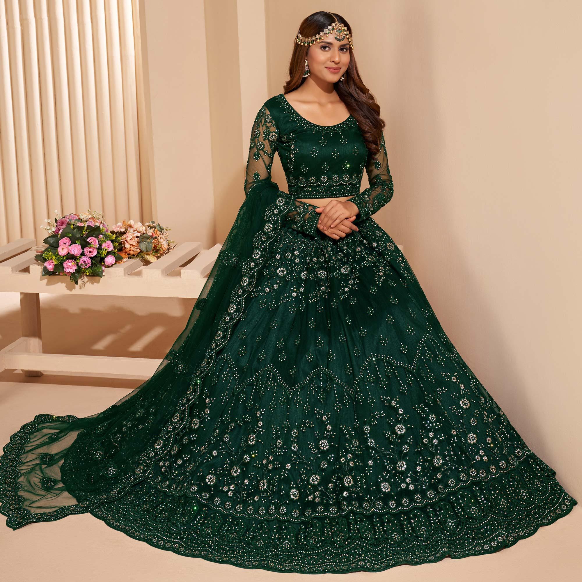 Bottle Green Wedding Wear Embroidered With Embellished Net Lehenga Choli - Peachmode